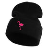 Small Flamingo Bird Embroidered Iron On Patched 12 Inch Long Knitted Beanie - Black OSFM