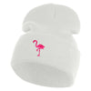 Small Flamingo Bird Embroidered Iron On Patched 12 Inch Long Knitted Beanie - White OSFM