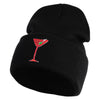 Red Martini and Olive Beverage Iron On Patched 12 Inch Long Knitted Beanie - Black OSFM