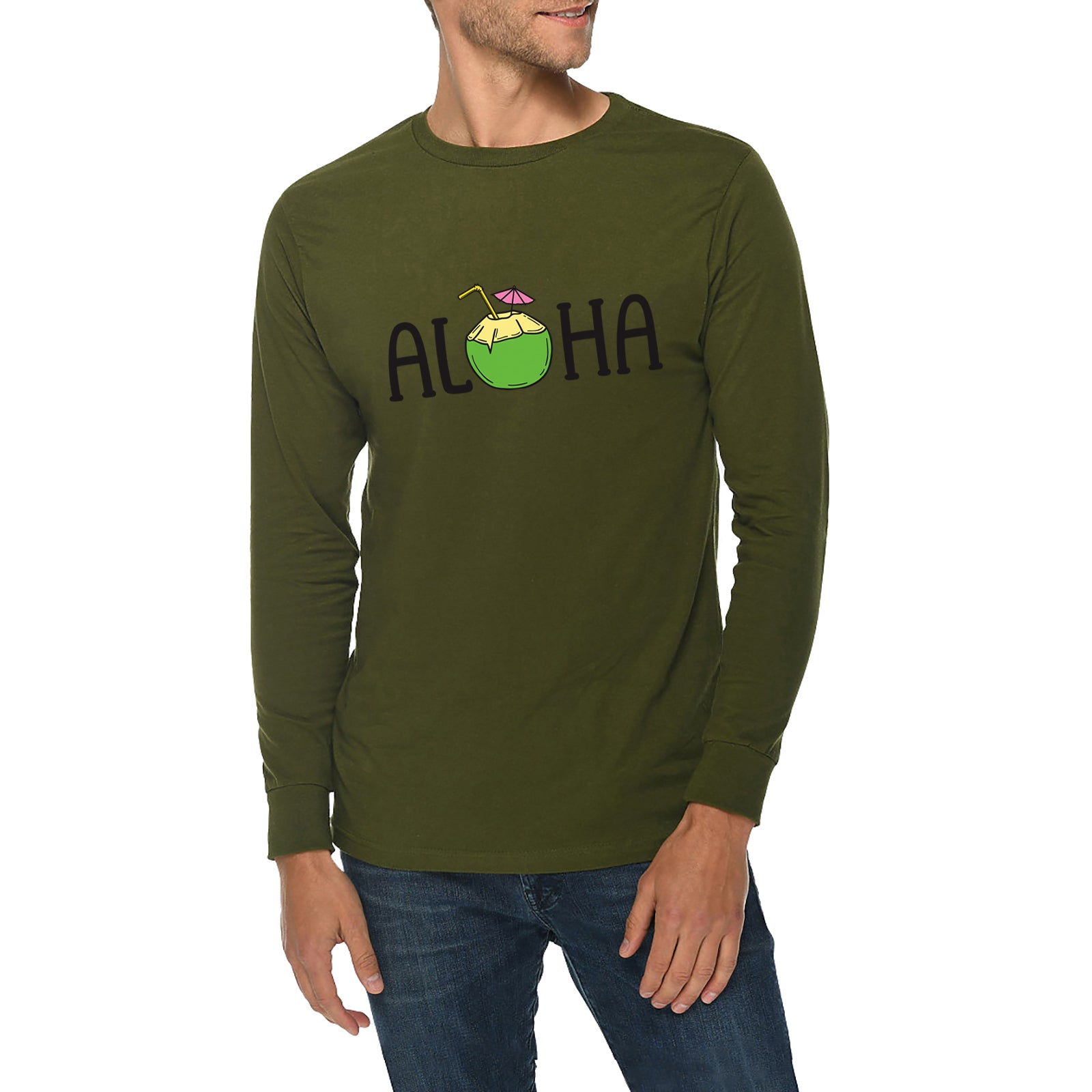 Aloha Graphic Long Sleeve Crewneck Tee | Phrase Designed
