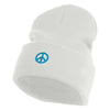 Small Blue Glitter Peace Sign Iron On Patched 12 Inch Long Knitted Beanie - White OSFM