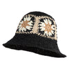 Women's Flower Block 3" Crochet Brim Bucket Hat - Black OSFM