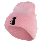 Halloween Black Cat Embroidered 12 inch Acrylic Cuffed Long Beanie - Pink OSFM