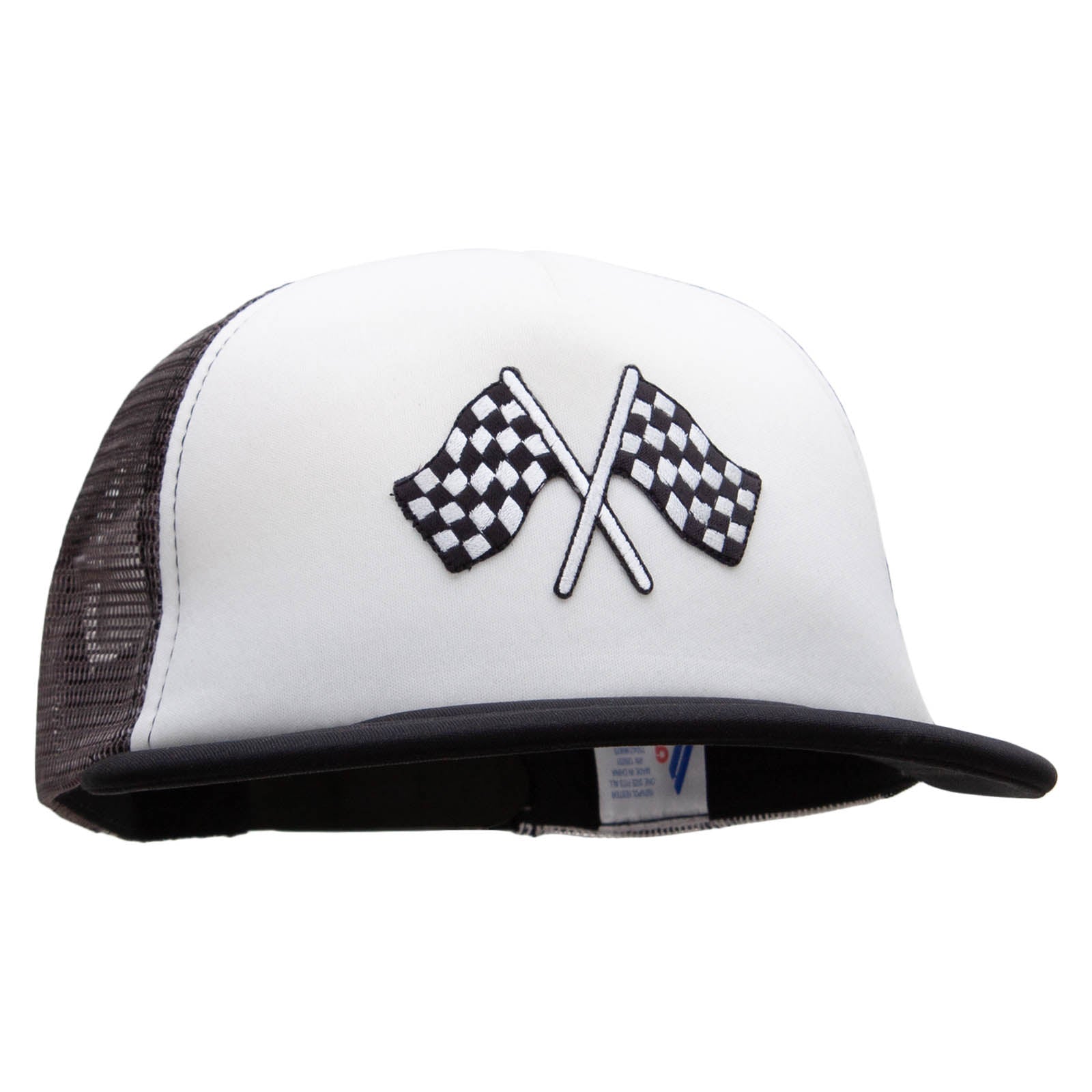 Checkered Flags Racing Patched Foam e4Hats Trucker – Mesh Flat Bill Cap | Leisure Designed Camo 