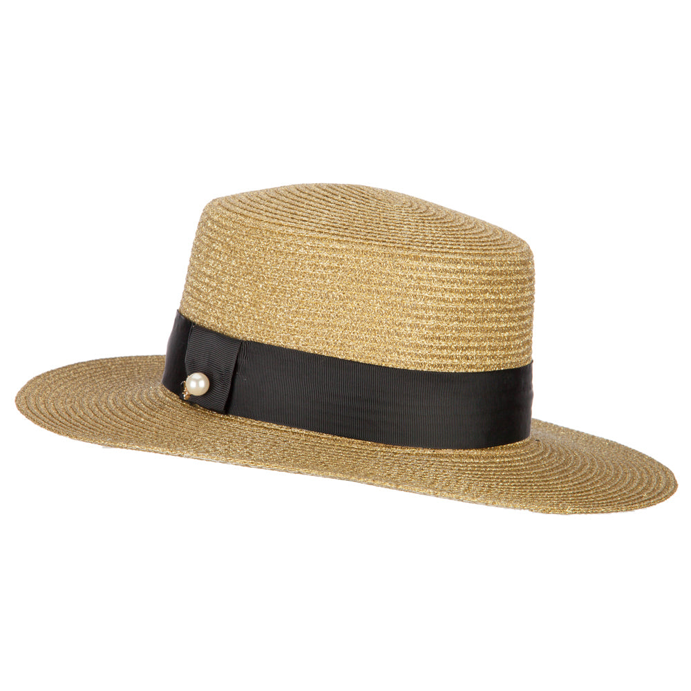 Lurex Straw Boat Hat with Rhinestone Pearl Accented Band, Pork Pie Hat