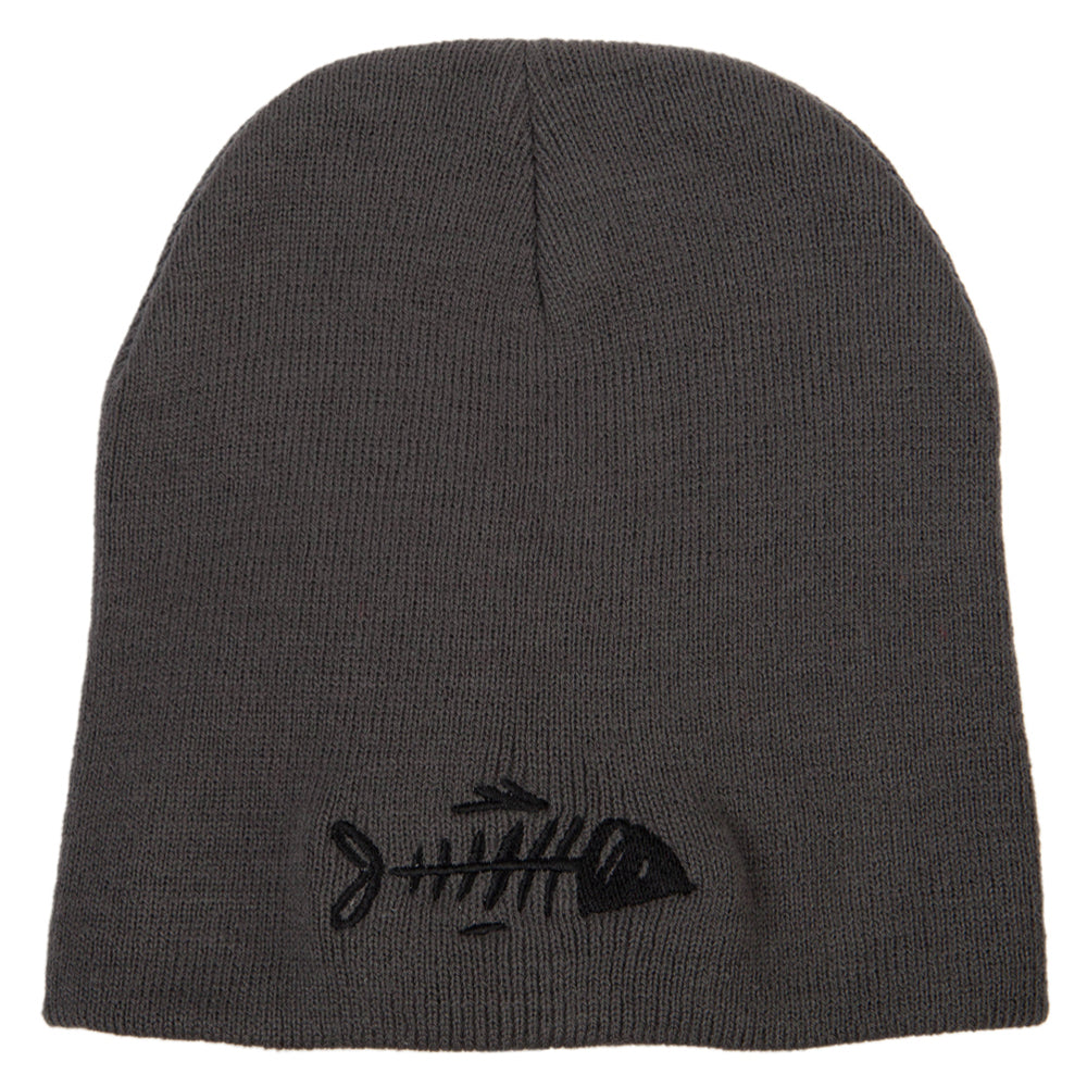 Fish Bone Design Embroidered 8 Inch Knitted Short Beanie