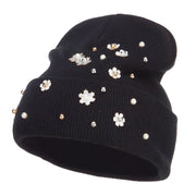 Snowflake Pearls Accented Cuff Beanie