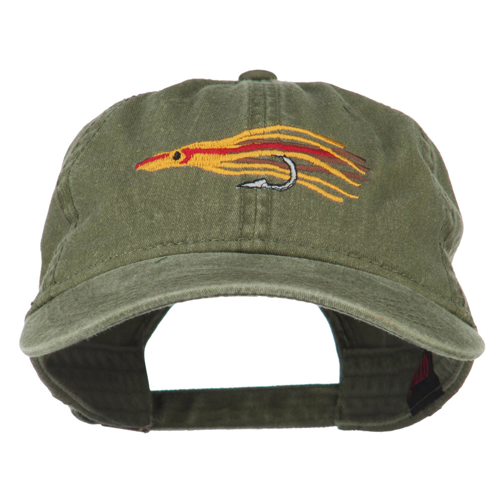 Salmon Squid Rig Embroidered Washed Cap, Olive Green / One Size
